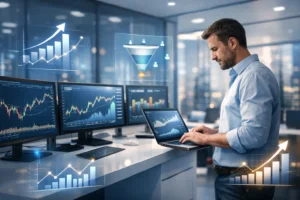 Forex SEO analytics workstation with CFD trading charts, conversion funnel, and growth performance data.