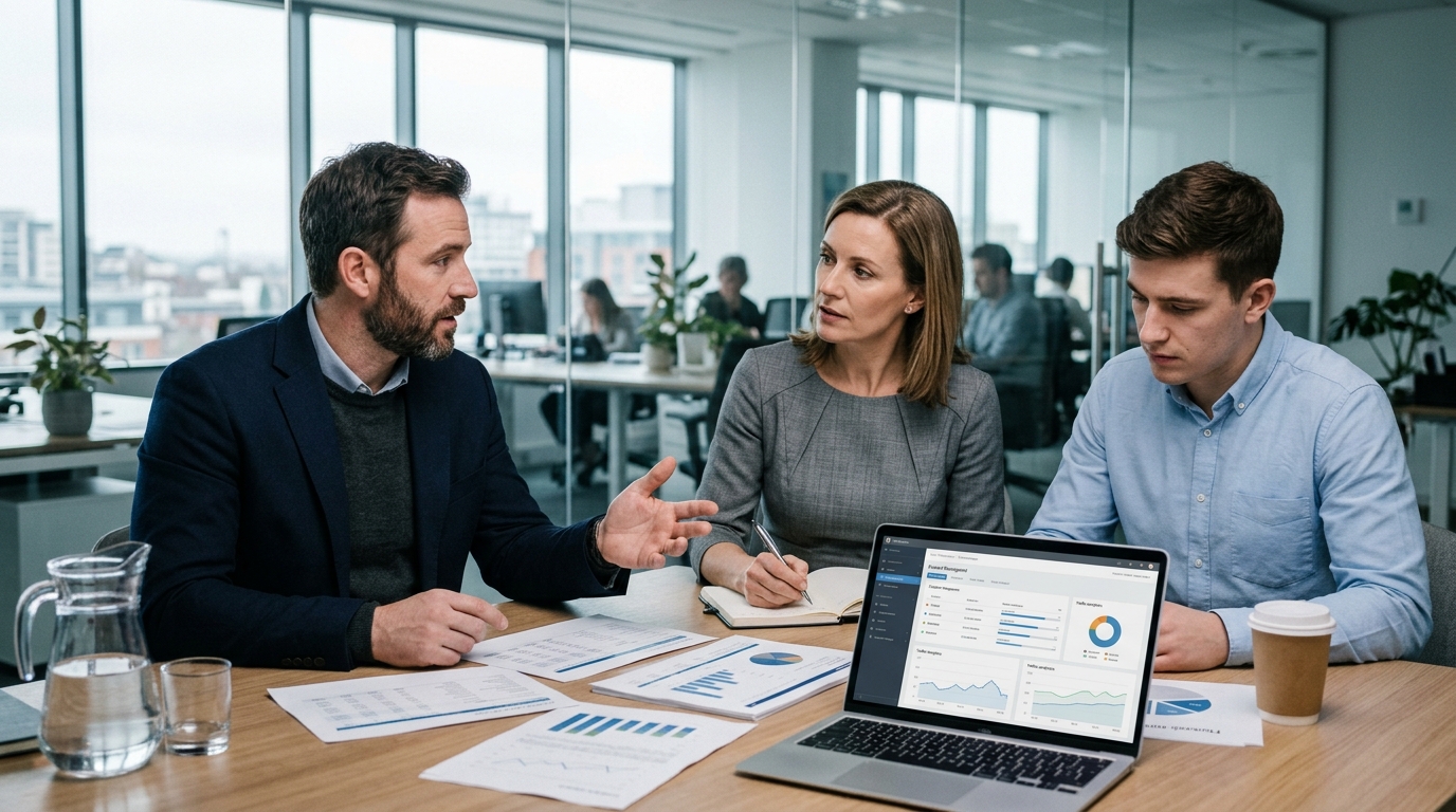 Web studio investment meeting with revenue charts and market analysis.